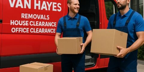 Two professional movers from Man and Van Hayes carrying boxes into a red moving van during a local removal job.
